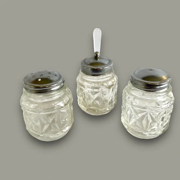 Vintage 3pc Glass Salt, Pepper, Jam or Sugar - Picture 3 of 9